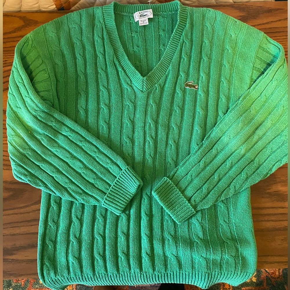 Vintage Lacoste 100% cotton Green Cable Knit Sweater, made in USA